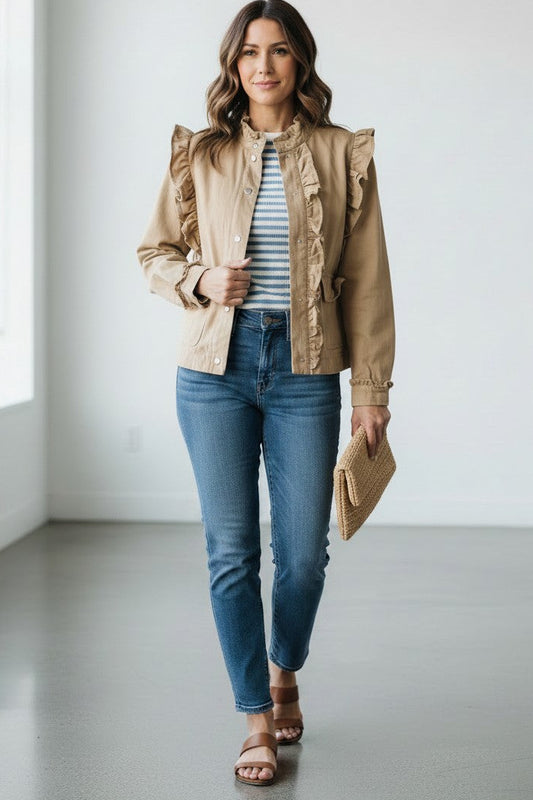 Maya Ruffle Accent Khaki Long Sleeve Jacket - Mindy's Boutique