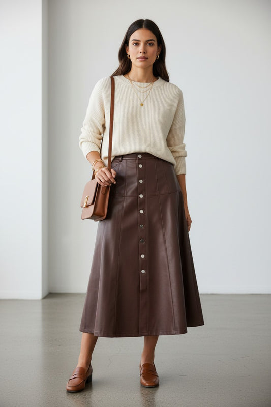 Lisa FATE Brown Faux Leather Button Front Midi Skirt | Vintage Inspired - Mindy's Boutique
