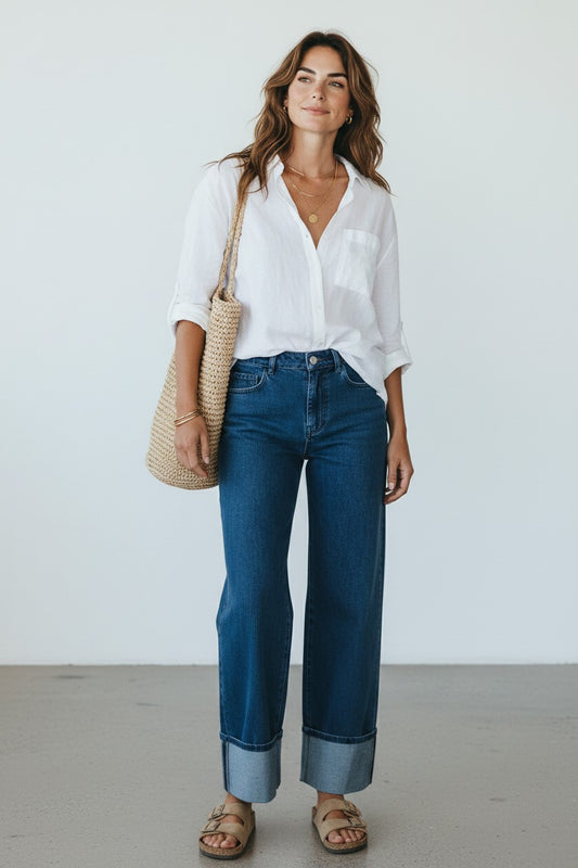 Gloria Wide Leg Cuffed Hem Denim Pants Ankle Length - Mindy's Boutique