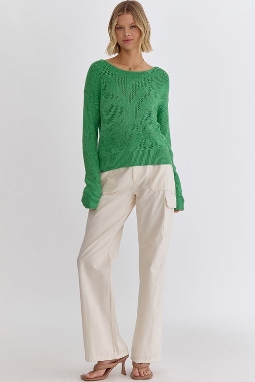 Bella Sweater - Mindy's Boutique -This Entro sweater features a knit texture, a crew neck, and a balloon silhouette with contrast long sleeves. Made of a blend of 75% acrylic and 25% nylon, it comes in a stylish green color.