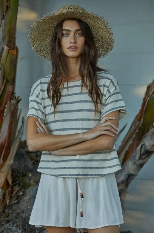 Chauncey Stripe Top - Mindy's Boutique - Crafted with a blend of linen, cotton, and rayon, this round neck short sleeve top boasts a striped pattern for a stylish yet classic look.