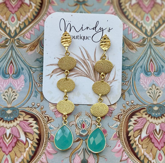 Gold and turquoise earrings on a 'Mindy's Boutique' card with a decorative background