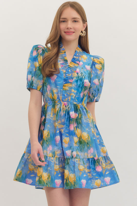 Hailey Blue V-Neck Ruffle and Puffed Sleeves Mini Dress
