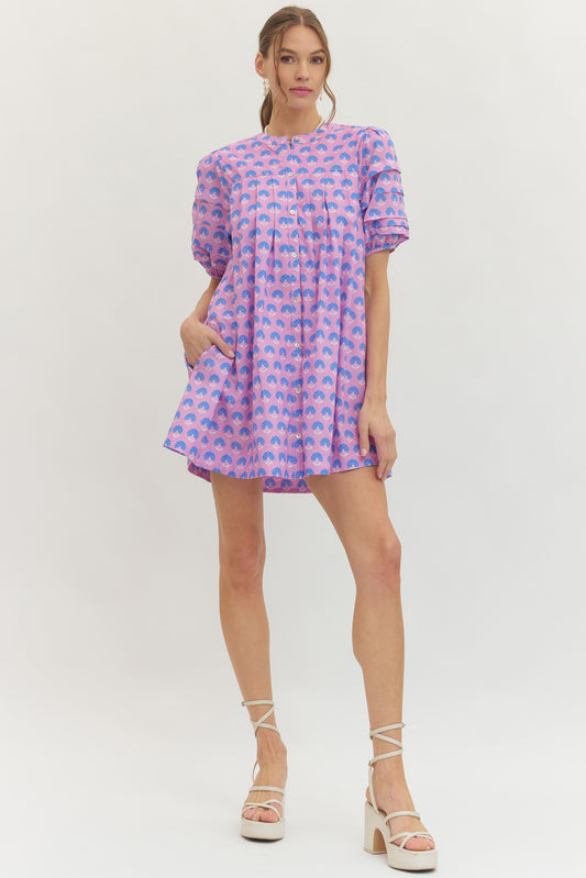 Purple Cotton Babydoll Mini Dress with Puff Sleeves