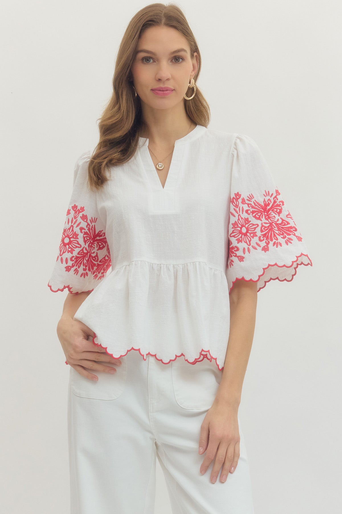 Heather Red & White Embroidered Peplum Top
