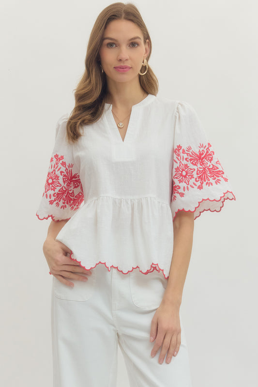 Heather Red & White Embroidered Peplum Top