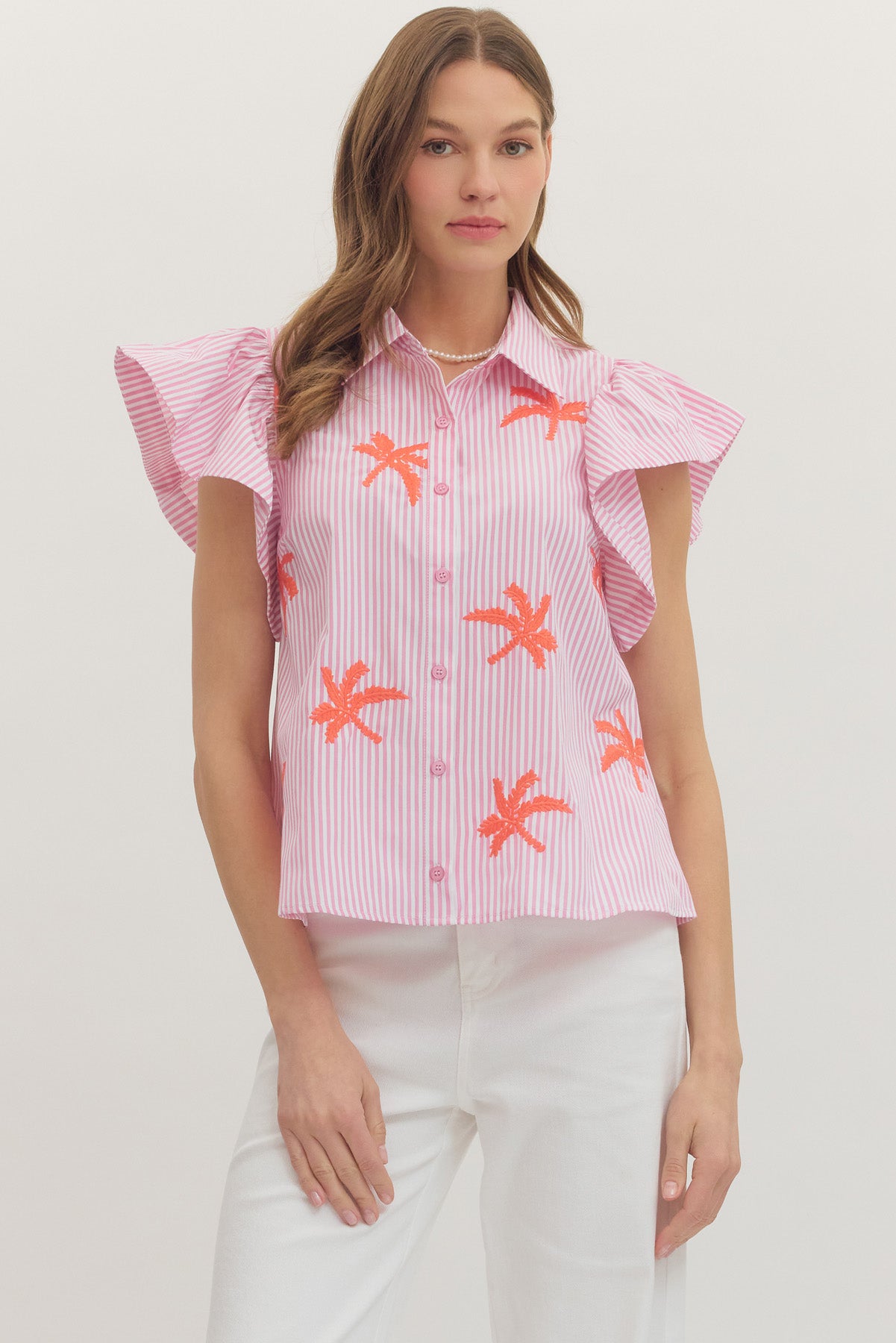 Sylvia Pink & Orange Palm Tree Striped Ruffle Sleeve Top