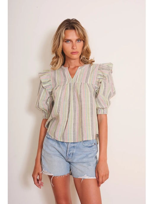 With its flowing shape and cascading ruffle detail, the Janice top is a fun, and lightweight style with sophisticated details.&nbsp; Cut in a soft rainbow lightweight printed cotton, this blouse evokes a youthful look with bohemian undertones.

Color&nbsp;
SOFT RAINBOW