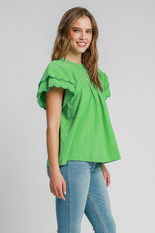 Catherine Apple Green Scalloped Sleeve Blouse Puff Sleeve Babydoll Top