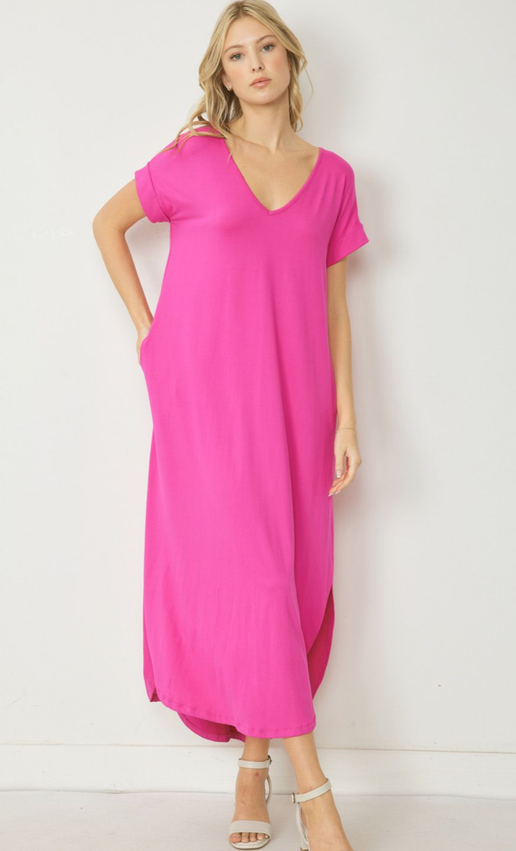 This v-neck maxi dress is made of jersey knit and features a pocket detail on the side. It has a permanent rolled sleeve and a rounded hem. The dress is unlined and lightweight. Additionally, it is a knit material and not sheer.

Fabric Content 94%POLYESTER 6%SPANDEX

Model is 5'10" and wearing size Small