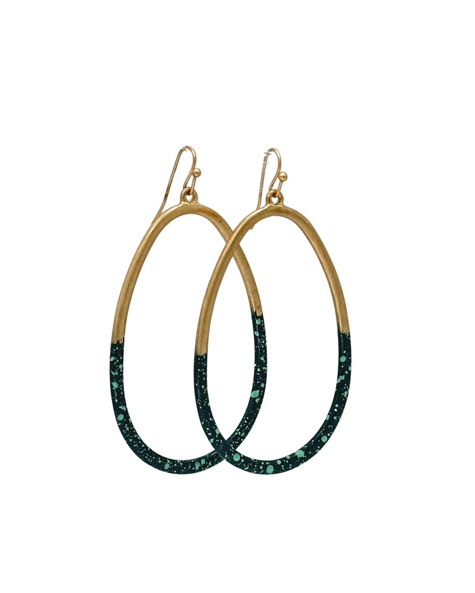 he Madge Earrings are equal parts chic and playful. Matte finished brass oval with a green speckled accent base.&nbsp; Create a wow moment in both t-shirt and jeans or your favorite night out look with these beauties.

Hypoallergenic, lightweight, nickel, lead, and cadmium free.