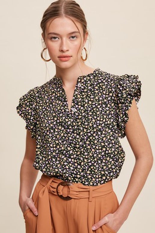 The Maria Top features a round neck with button down closure, and layered ruffle sleeves for a feminine touch. Its floral print and clean curved hem add a touch of elegance to the blouse.

Model is 5' 8.5" 30.5-24.5-34.5 and wearing a size Small