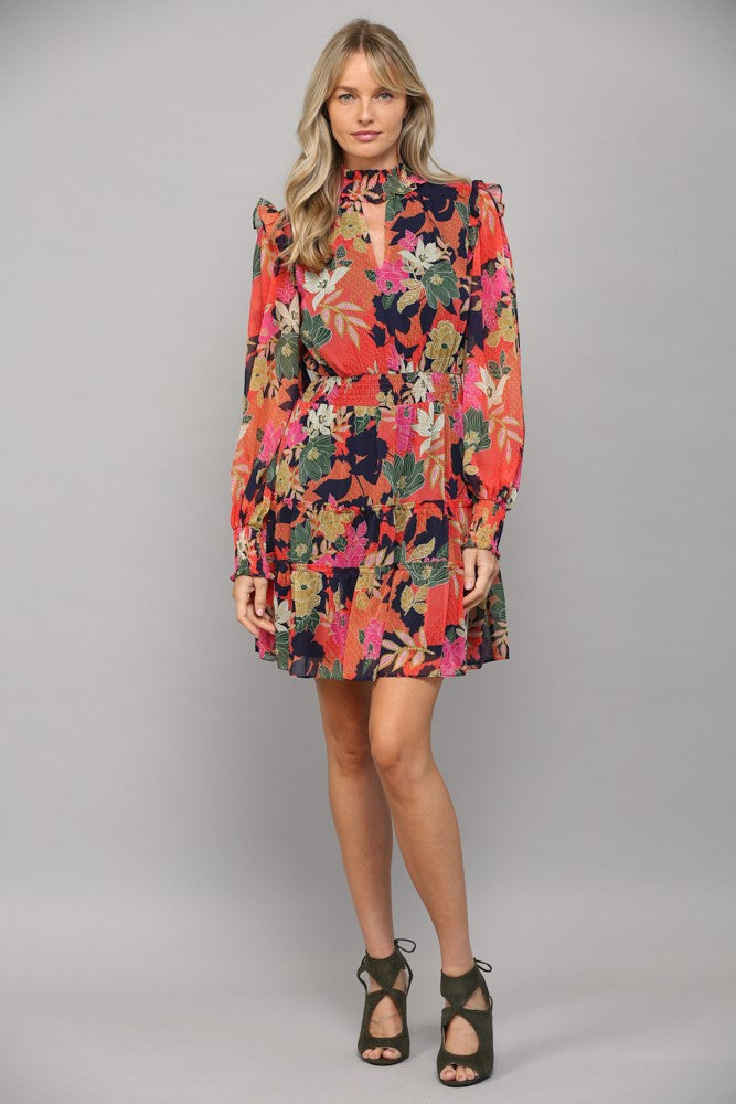 This Nicole Dress features a floral print and a front keyhole design, along with tiered layers, creating a chic and trendy mini dress.

Fabric: 100% Polyester&nbsp;&nbsp;

Color: Multi-Navy&nbsp;