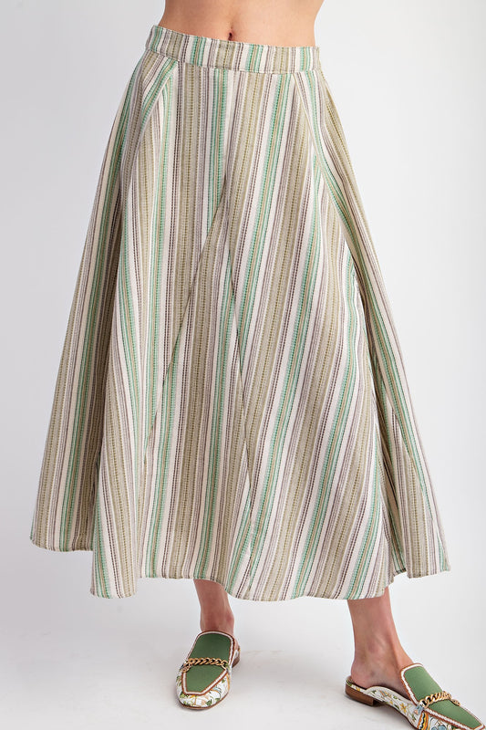 The Oakley skirt features a striped poly linen maxi with a side zipper closure. It has no pockets, but includes ruching detailing for a loose and relaxed fit.

SMALL MEASUREMENTS : LENGTH - 34" &amp; WAIST - 13.5"

Fabric: Cotton&nbsp;

Color: Sage&nbsp;