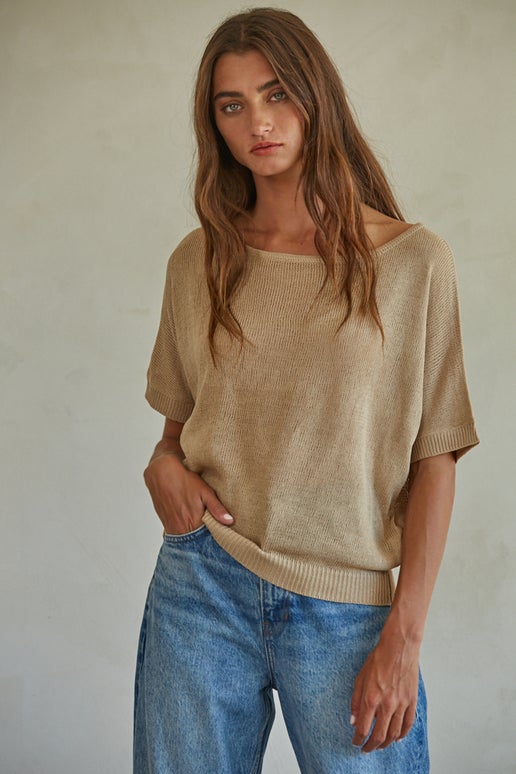 This top is made of knit acrylic and features a round neck, short sleeves, and drop shoulders for a lightweight feel.

Details:
Fabric: 100% Acrylic
Brand: by Together
Color: Latte