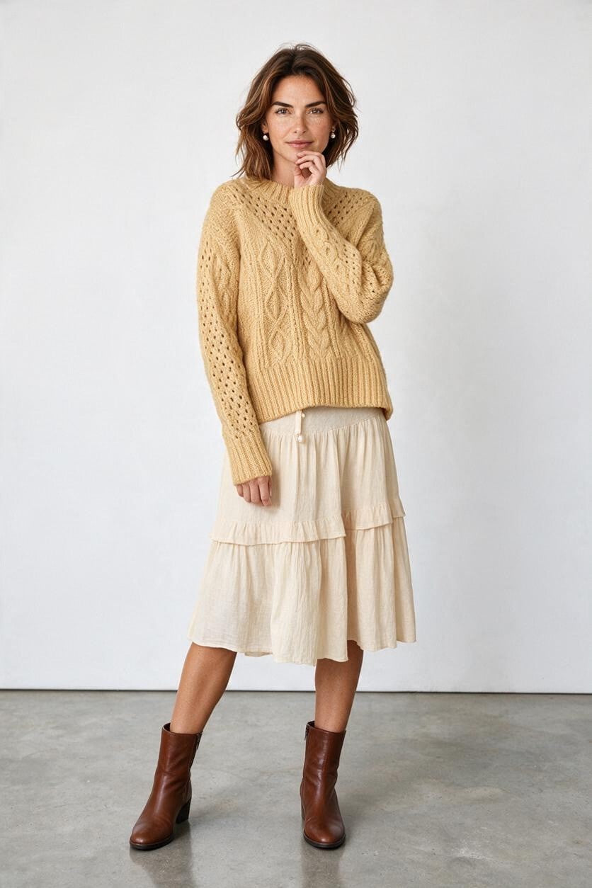 Taupe Ribbed trim Pointelle Crew neck long sleeve sweater - Mindy's Boutique