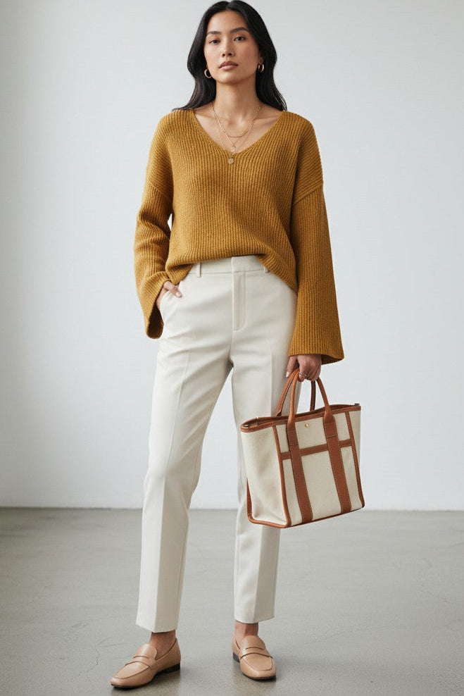 Cali Mustard V-Neck Knit Sweater Drop Shoulder Slouchy