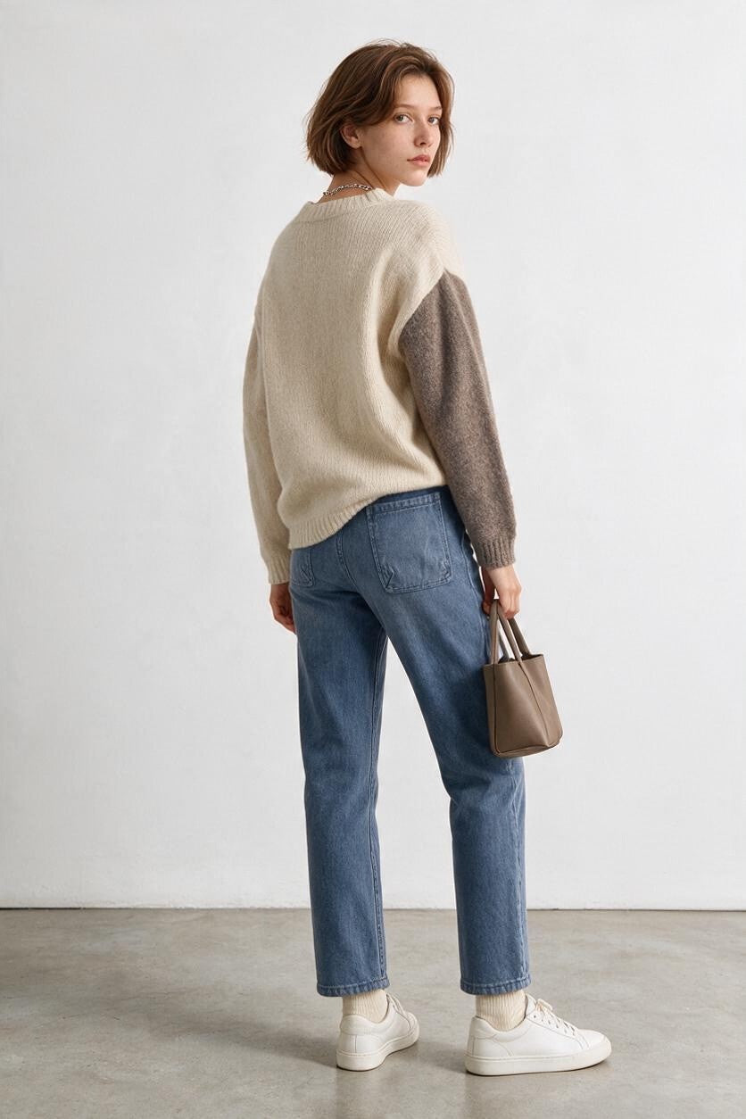 Dusty Blue Combo color block long sleeve sweater pullover - Mindy's Boutique