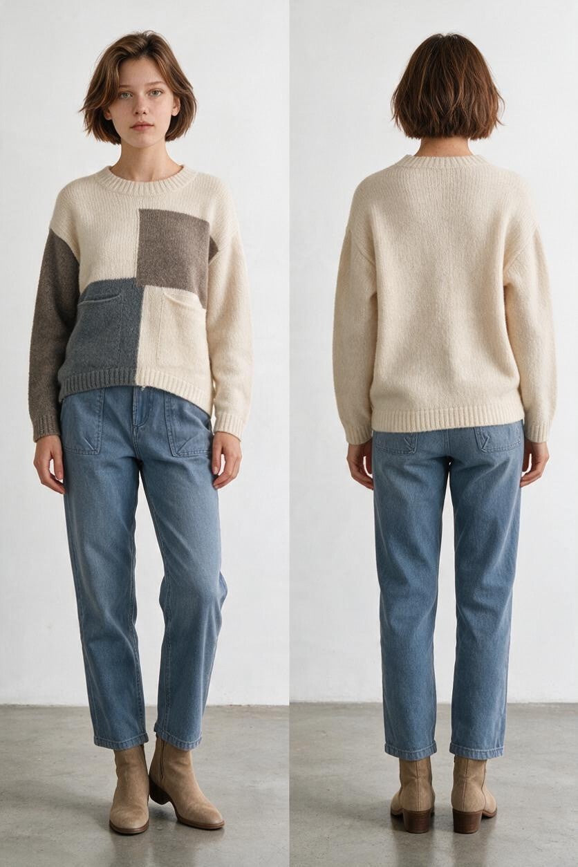 Dusty Blue Combo color block long sleeve sweater pullover - Mindy's Boutique