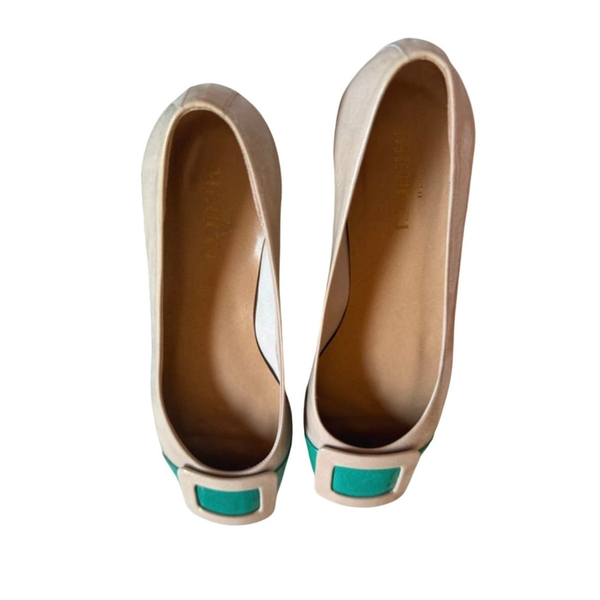 Sesto Meucci Made in Italy Patent Leather Colorblock Flats in Beige & Emerald 7M