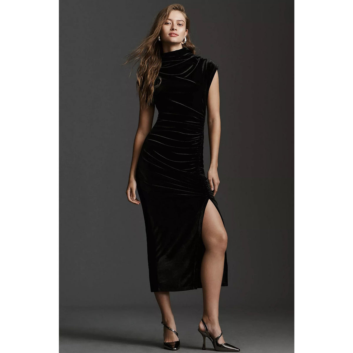 Anthropologie The Maya Ruched Cowl-Neck Stretch Velvet Dress S