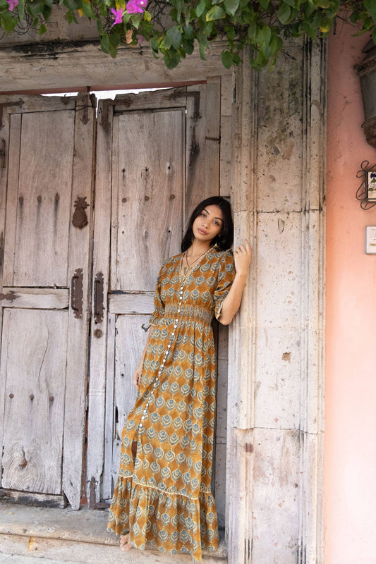 Ochre Block Printed Dress