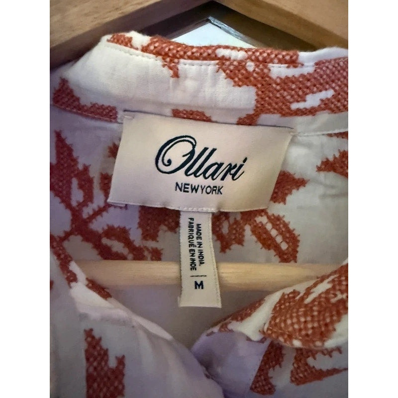 Ollari New York Structured Floral Button Down Shirt Blouse Rust Orange White M EUC