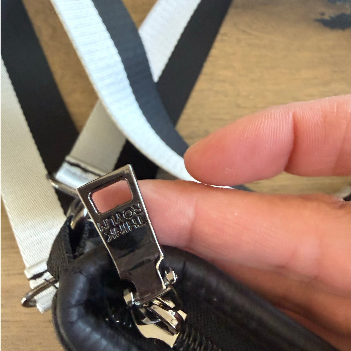 Think Royln Wingman Baguette Crossbody Bag - Black Puffer with Striped Strap