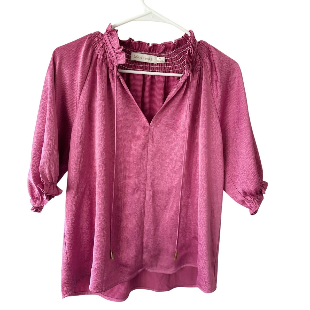 Bishop + Young Pink Satin Blouse Ruffle Neck Size XS