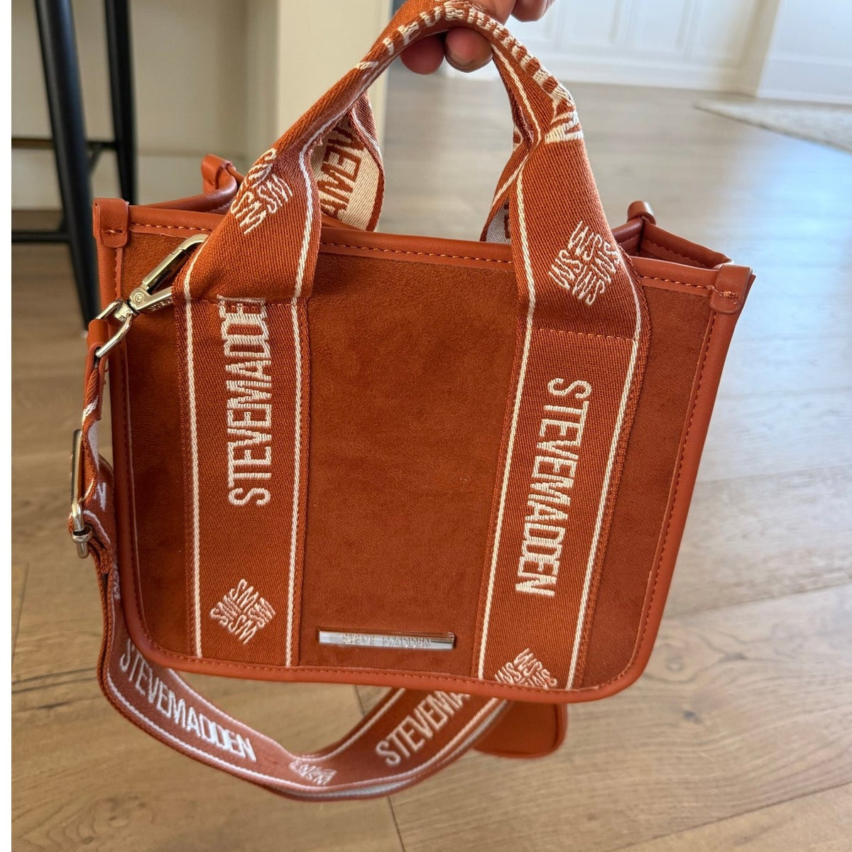 Steve Madden Bmaddi Burnt Orange Suede Tote Bag with Webbing Strap
