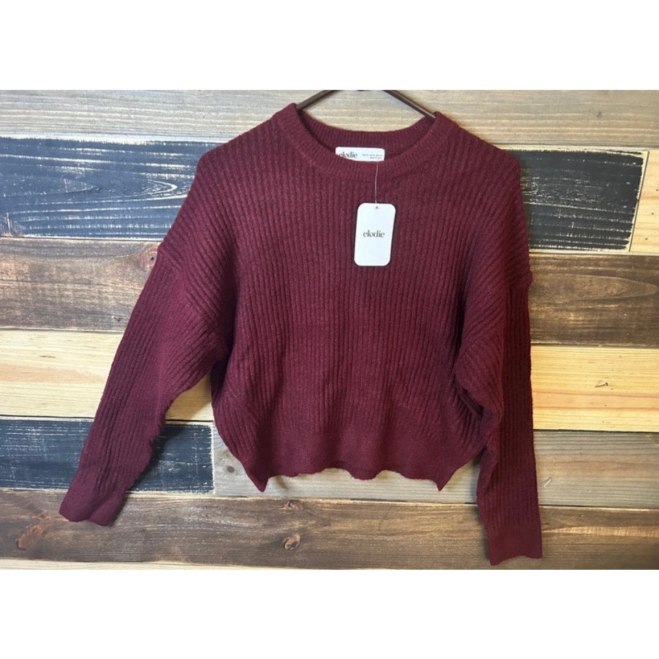 Elodie NWT Women's Ribbed Knit Burgundy Crewneck Crop Sweater M