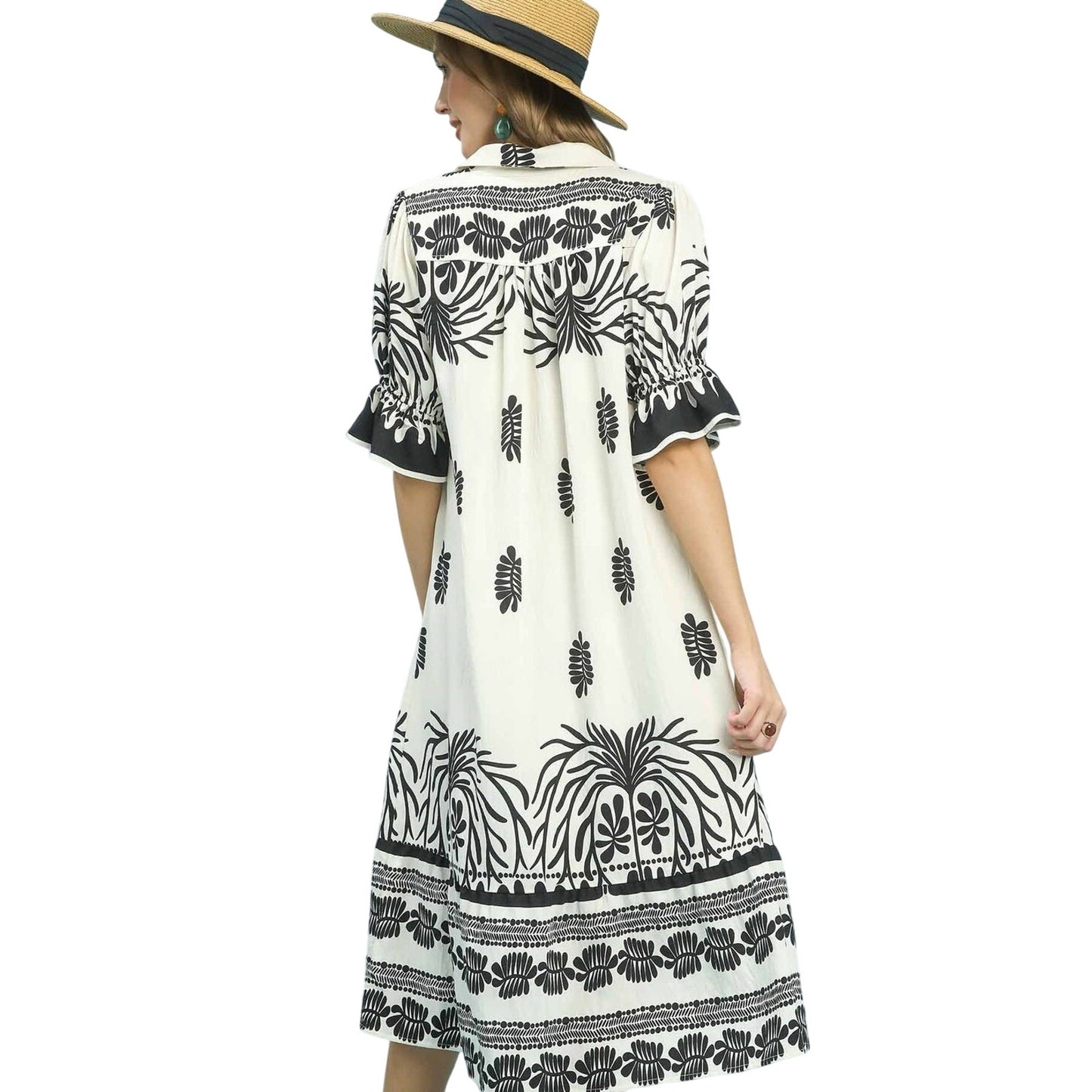 Border Print Boho Midi Dress Puff Sleeves Split Neck Lined Cream Black M