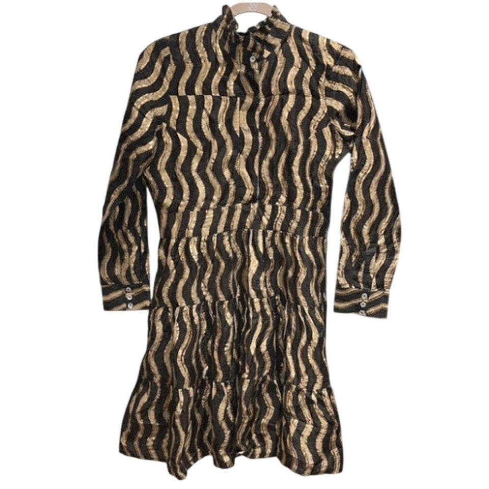 Oliphant Wave-Print Ruffle Mock Neck Long-Sleeve Mini Dress S