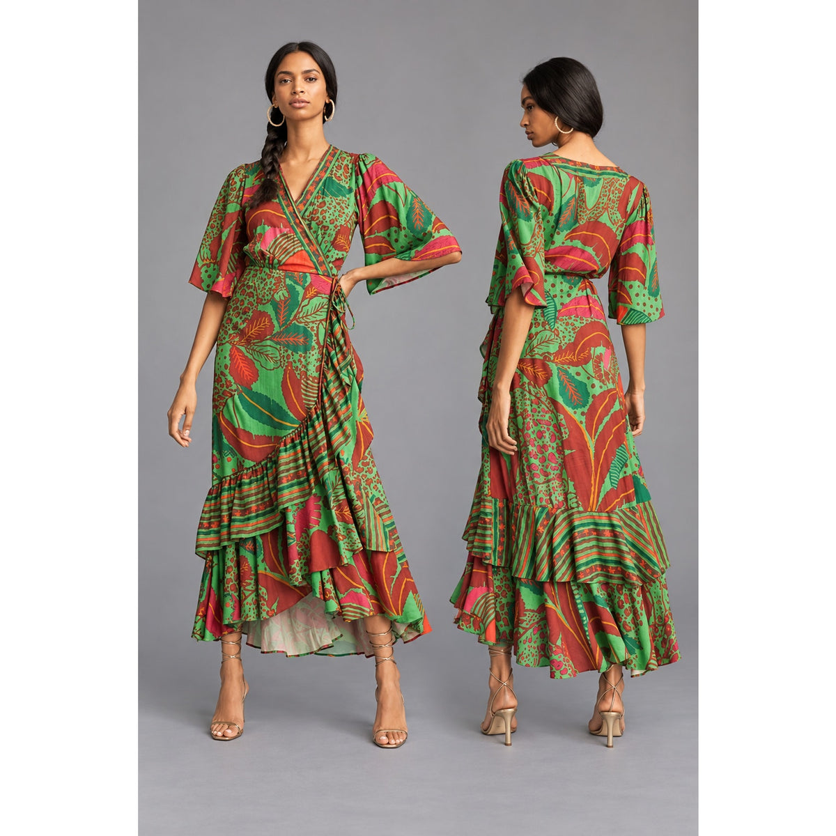FARM Rio Vibrant Tropical Print Wrap Maxi Dress with Ruffles S