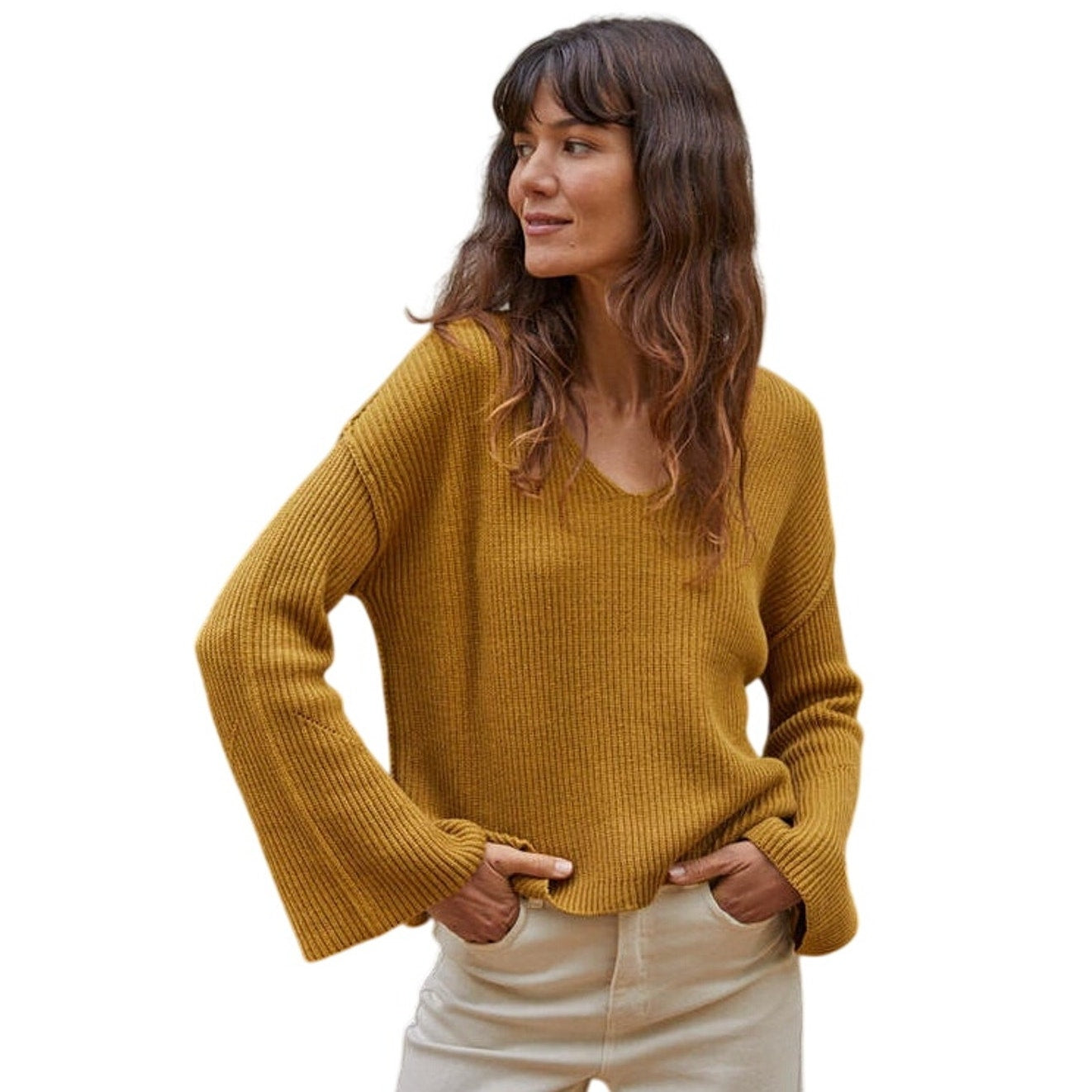 Cali Mustard V-Neck Knit Sweater Drop Shoulder Slouchy