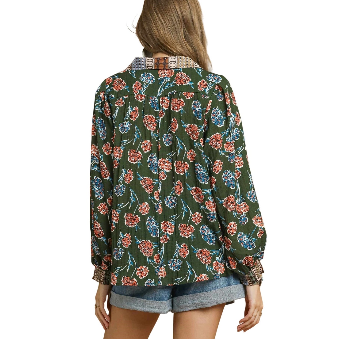 Tiffany Boho Floral Border Print Blouse Long Balloon Sleeve V-Neck Palm Green Toop