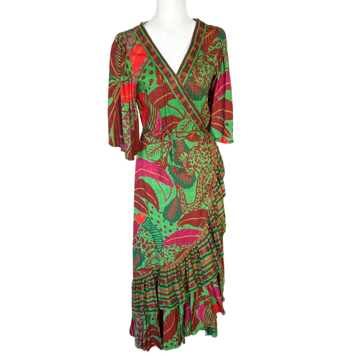 FARM Rio Vibrant Tropical Print Wrap Maxi Dress with Ruffles S