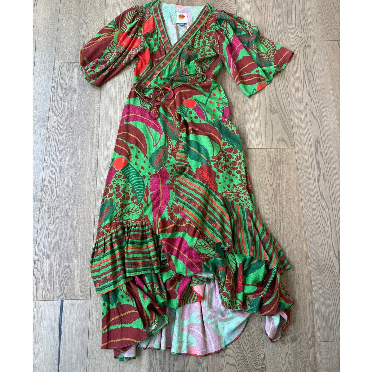 FARM Rio Vibrant Tropical Print Wrap Maxi Dress with Ruffles S