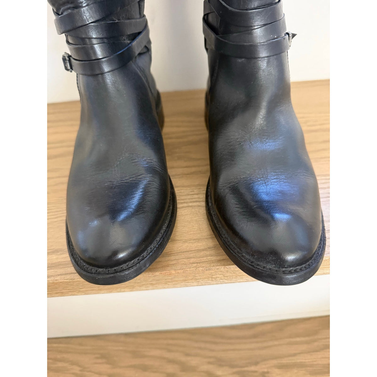 Frye Jane Strappy Black Leather Tall Riding Boots 8