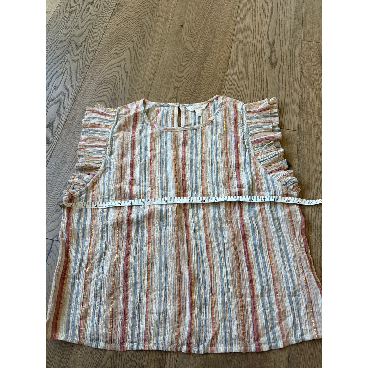 Garnet Hill Pastel Striped Ruffle Sleeve Top with Gold Lurex Detail M