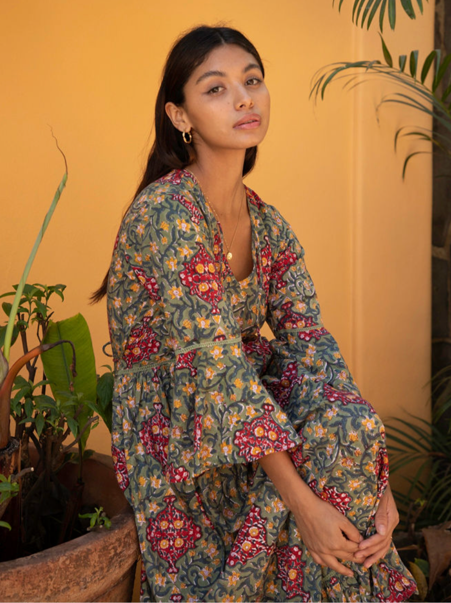 Omisha Block Printed Flare Sleeve Maxi Dress