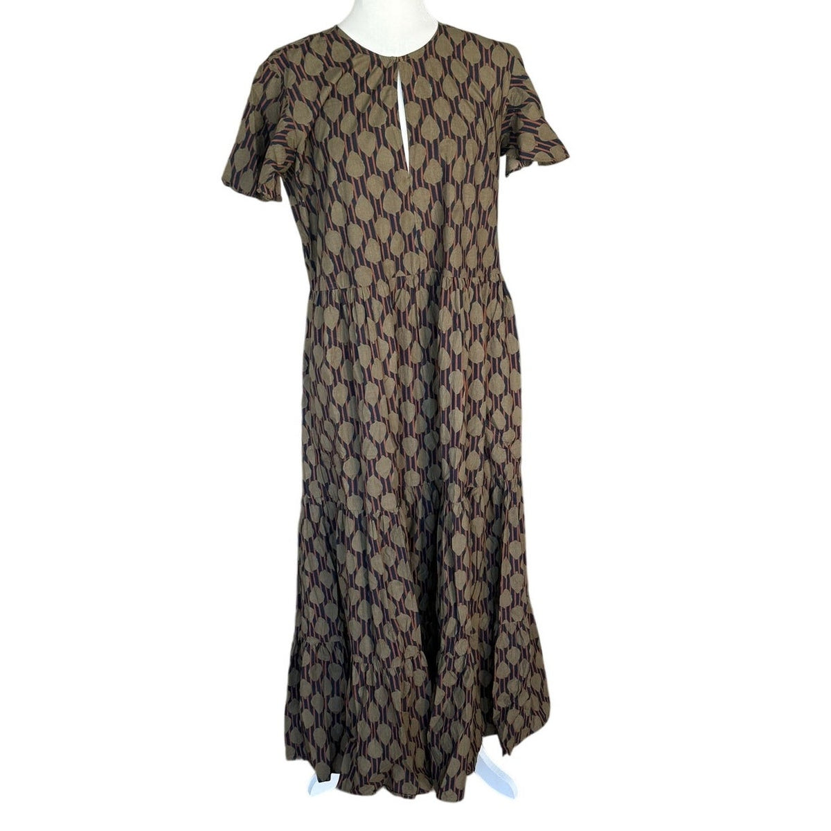 Oliphant Dipsy V-Neck Tiered Flutter Sleeve Maxi Dress Olive Green Geometric L
