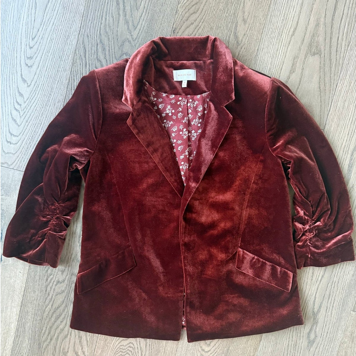Skies Are Blue Rust Red Velvet Blazer 3/4 length sleeve with Floral Lining M