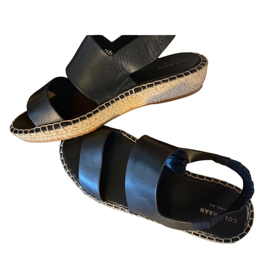Cole Haan Black Leather Cloudfeel Espadrille Wedge Sandals 7B
