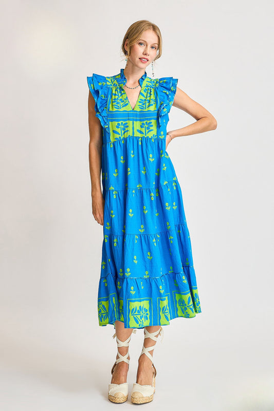 Tessie Blue Floral Tiered Midi Dress with Ruffle Sleeves and Smocked Back
