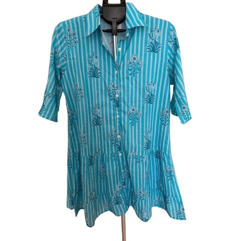 Victoria Dunn Sierra Mini Shirt Dress Blue Quartz Striped Floral NWT Medium M