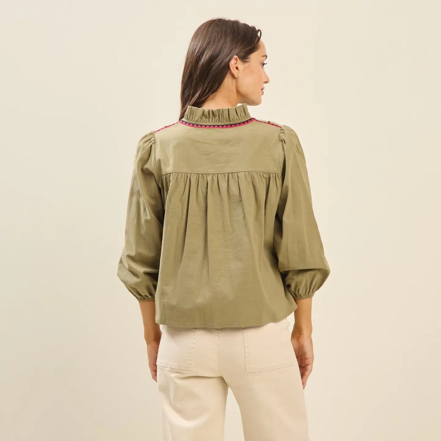 Bradley Top Able Olive Green Embroidered Cotton Blouse Medium Boho 3/4 Sleeve