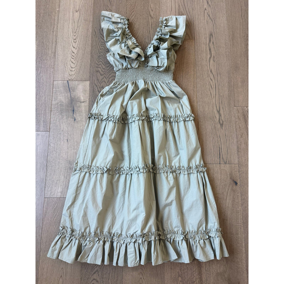 En Saison Sage Green Ruffled Tiered Cotton Maxi Dress M