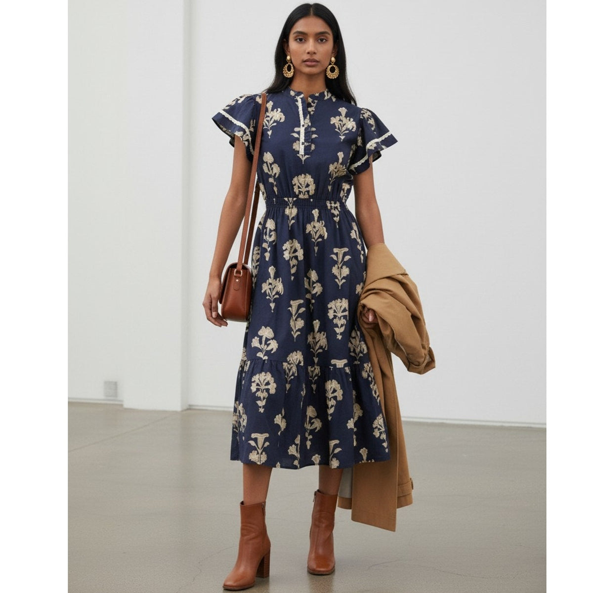 Leslie Dress Umgee Navy Floral Print Cotton Midi Dress Flutter Sleeve