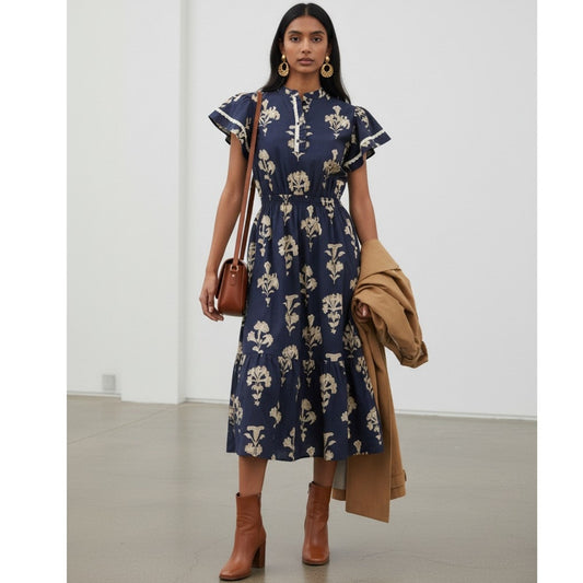 Leslie Dress Umgee Navy Floral Print Cotton Midi Dress Flutter Sleeve - Mindy's Boutique